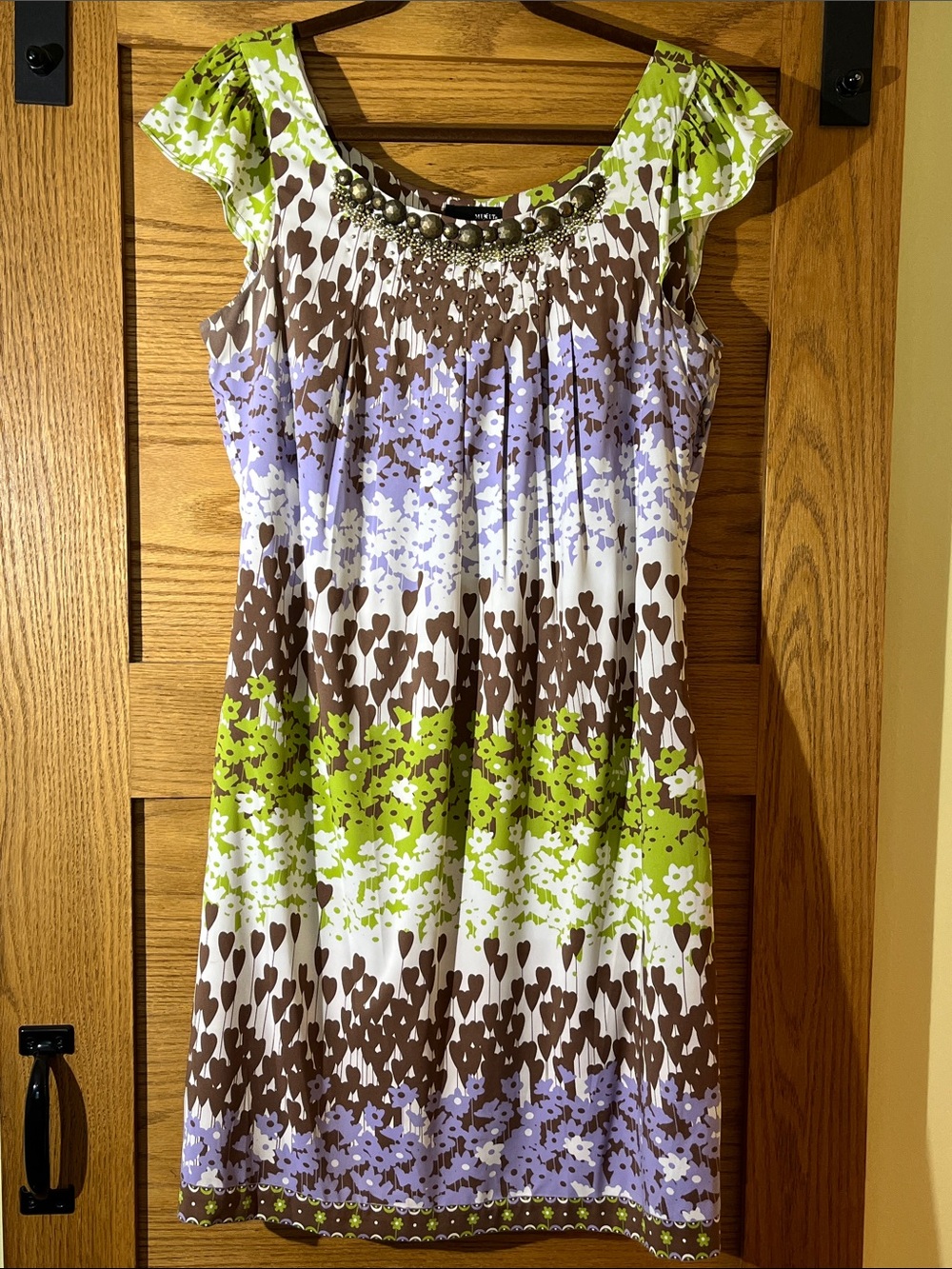Mixit Floral Beaded-Neckline Mini Dress in Green, Brown & Lavender